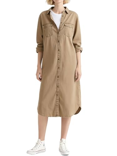 utcoco Women's Denim Shirt Dress Casual Loose Long Sleeve Button Down Midi Jean Dresses with Pockets