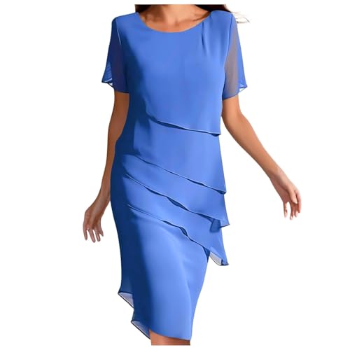 Robe de Soiree Femme Mousseline, Robe Cocktail Femme Manches Courtes Col Rond Volants Chic Et élégante Léger Respirant Polyvalent Décontracté De Fête...