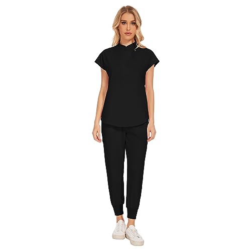 niaahinn Scrub Set for Women V-Neck Top & Jogger Scrub Pants 4 Pockets Cute Nursing Uniform Scrubs Medical Suit (Black,M,Medium)