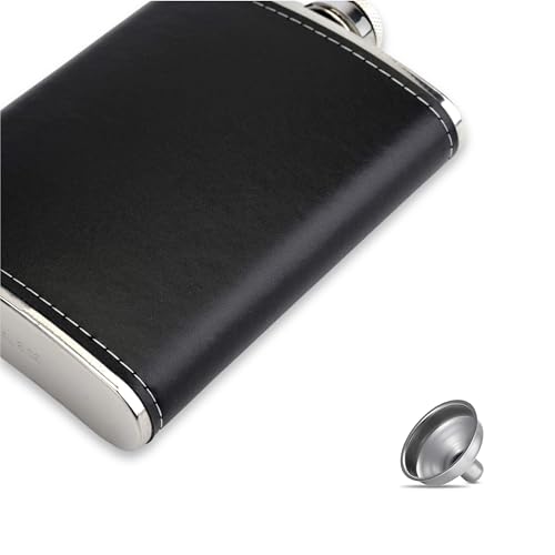 Image of Stainless Steel Hip Flask for Men & Women 8oz (236ml) - Whisky Flask Vodka Alcoholic Liquor Holder with Funnel Drinks Pocket Carrying Case - Leakproof Travel Flasks for Drinks, (Black Leather)