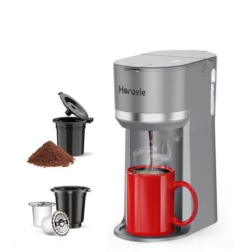 Mini Single Serve Coffee Maker for K Cup and Ground Coffee, Fast Brew One Cup Coffee Machine with Descaling Reminder and Water Window, 6 to 12 oz. Brew Sizes, Grey