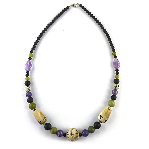 Collier en pierres véritables d'améthyste, lave, serpentine, onyx mat et jaspe dalmatien; fermoir en argent 925 (45) Cover