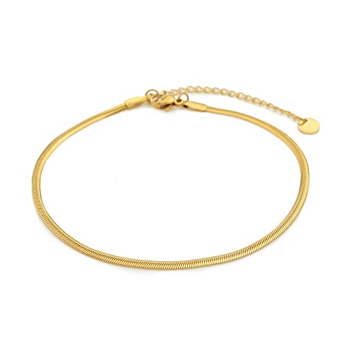 Made By Nami Flat Snake Chain Anklet- Stainless Steel Link Ankle Bracelet - Cute Boho Summer Beach Anklet - Handmade In Germany - Adjustable For Women, Teens & Girls (Gold) #TOP3