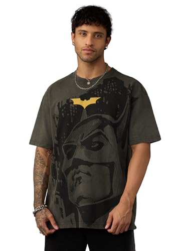 Image of The Souled Store Batman: Dark Knight Men and Boys Short Sleeves Round Neck Grey Graphic Printed Cotton Oversized Fit Breathable Lightweight All-Season T-Shirt