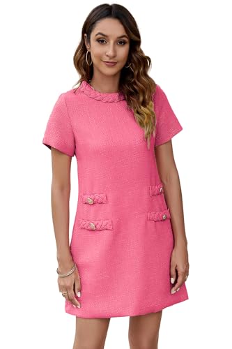 Ladyful Womens Tweed Jackie Dress Short Sleeve Elegant Crew Neck Business Party Vintage Button Bodycon Jackie Dress