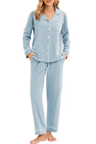 LUBOT 100% Cotton Pajama Set for Women PJ Set Long Sleeve Button-Down Shirt Two-piece Set Warm Night...
