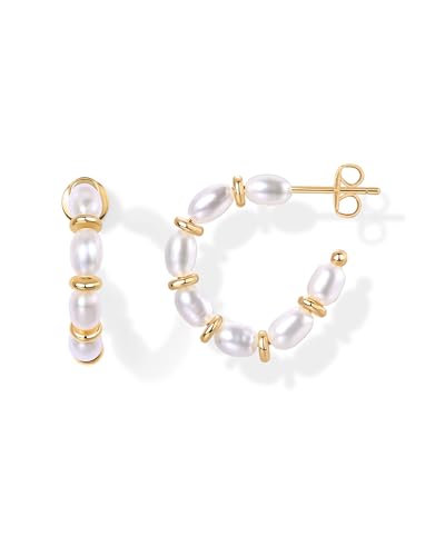 PAVOI 14K Gold-Plated Classic Pearl Hoop Earrings for Women | Freshwater Pearl Earring Pair