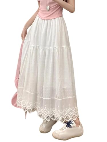 Women Solid Dot Textured Midi Skirt Elastic Waist Lace Spliced Skirts Boho Embroidery Pleated Skirts2