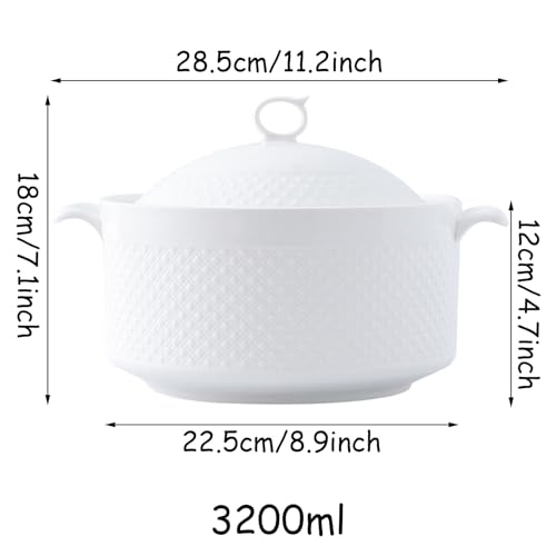 Ceramic White Soup Tureen with Lid Porcelain Serving Tureens for Restaurant Home Kitchen Decoration Ceramic Casserole Dish for Dinner and Party, Microwave and Dishwasher Safe,White,9inch
