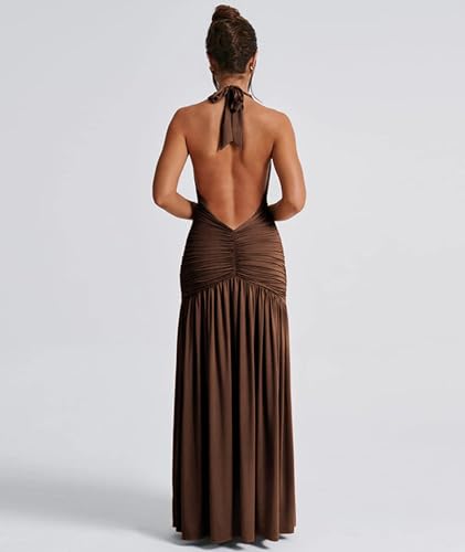 Image of Ekaliy Women's Sexy Halter Deep V Neck Maxi Dress Sleeveless Backless High Slit Ruched Long Dress Summer Party Cocktail Dress