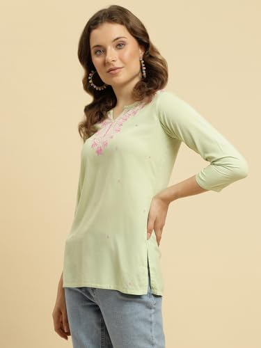 Image of QAZMI Short Kurti for Women| Embroidered Pashmina Straight Rayon Cotton Kurta | Women's Tunic Tops