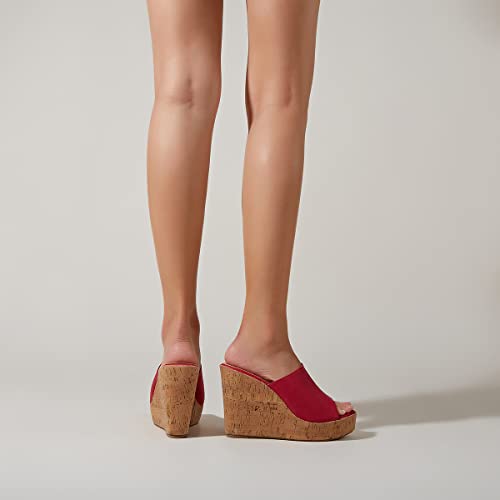 Image of LEHOOR Cork Wedge Mules for Women Platform Slide Sandals Peep Toe, High Wedge 4.5Inch Slippers Microfiber Suede 6-11 M US