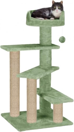 Image of Cat Tree Tower, Multi-Level, Grey, Sisal Scratching Posts, 36 Inch Height, with Perch and Hanging Toy (FURR-40) (Green)
