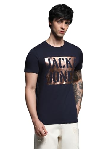 Image of Jack & Jones Men's Typography Printed Round Neck Short Sleeves Cotton Slim Fit Letter Print T-Shirt