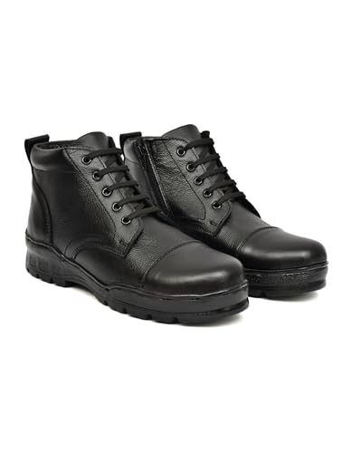 Image of Men's Genuine Leather Army Police Boots | Side Zip Military Tactical Boots | Anti-Slip Airmix Sole | High Ankle Security Duty Shoes | Comfortable Outdoor Combat Patrol Work Boots for Men