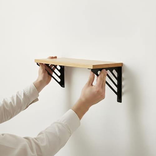 Image of Wall Shelf with Wooden Top Black|White Iron Brackets Storage Rack|Industrial Wall-Mounted Floating Shelf for Living Room,Kitchen,Bathroom (Black Lines Large)