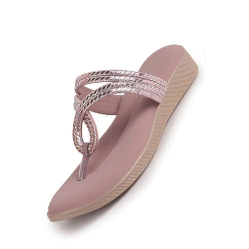 Image of FAUSTO Women T-Strap Slip On Ethnic Sandals with Rhinestone Strap | Wedge Ortho Slip-On Slippers | Perfect for Wedding, Festive Outfits