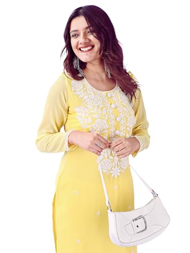 Image of HESVI Women's Georgette White Lakhnavi Chikankari Kurti with Intricate Embroidery Work
