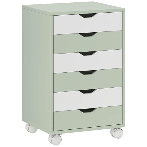 HOMCOM Cajonera Escritorio, Archivador Móvil con 6 Cajones, Soporte para Impresora con Ruedas, Guías Deslizantes Silenciosas, para Oficina, Casa, Verde y Blanco