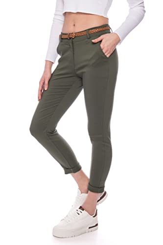 Kendindza Chino Damen Hose Stretch mit Gürtel Stoffhose Damen elegant lang (L, Khaki)
