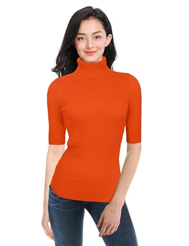 Image of v28 Women Turtleneck 1 /2 Half Sleeve Highly Stretchy Ribbed Knit Fitted Sweater