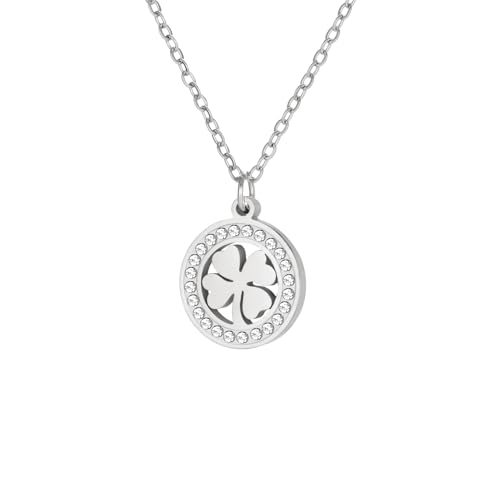Dreamtimes Collar trébol de cuatro hojas para mujeres Collar de cadena con colgante de la suerte Collar trébol de cuatro hojas en forma de corazón Moda Joyería de acero inoxidable (plata)