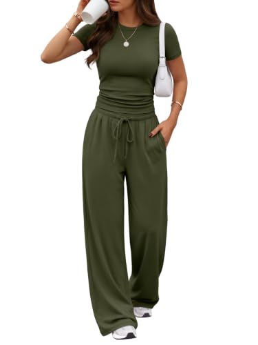 Image of Trendy Queen Women's 2 Piece Matching Summer Lounge Set with Pockets | Vacation Airport Travel Outfits, Workout Gym Clothing Comfy Athleisure Clothes, Side-ruched Top, Drawstring Wide Leg Pants
