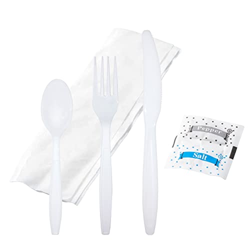 Bulk Heavy Weight Cutlery Individually Wrapped White Plastic Cutlery Knife Spoon Fork Pack with Napkin and Salt and Pepper Packets - Extra Strong & Resistant
