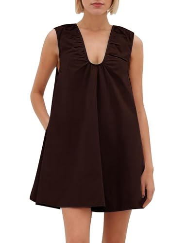 Image of Women Summer Sleeveless Babydoll Mini Dress Scoop Neck Loose Fit Tank Dresses Party Ruched Short Dress with Pockets