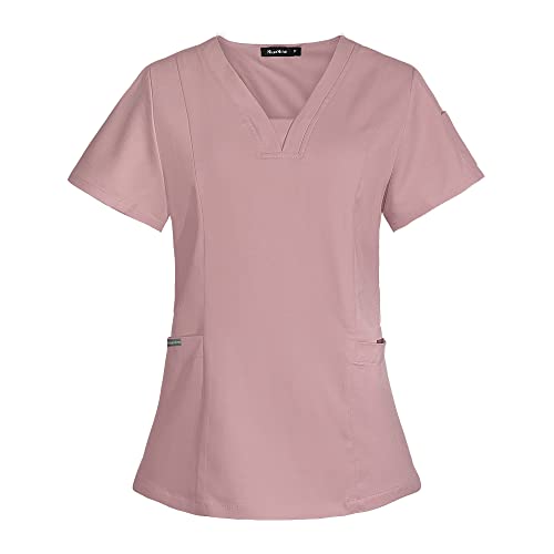 niaahinn Women Scrubs Top Classic V -Neck for Women & Men Medical Under Scrub Stretch T-Shirt for Men & Women (US, Alpha, Small, Regular, Regular, Pink)