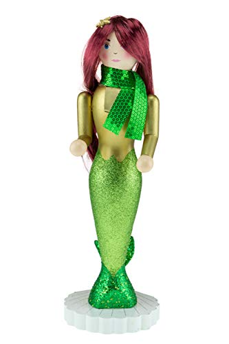 Clever Creations - Cascanueces de Navidad - Figura Decorativa Tradicional de Madera - Sirenita con Cola Verde y Dorada y un pañuelo Verde - 35,5 cm