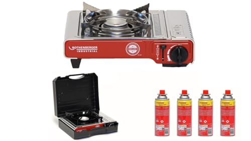 ROTHENBERGER Industrial Campingkocher Deluxe inkl. 4 Gaskartuschen | inkl. Tragekoffer | 1-flammig Gaskocher Camping Gas Kocher Kartusche | für Töpfe 12-34 cm