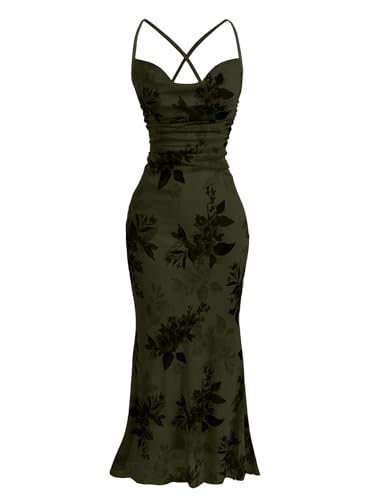 Image of Milumia Women's Floral Cowl Neck Bodycon Maxi Dress Wedding Guest Cocktail Long Dresses Army Green X-Small