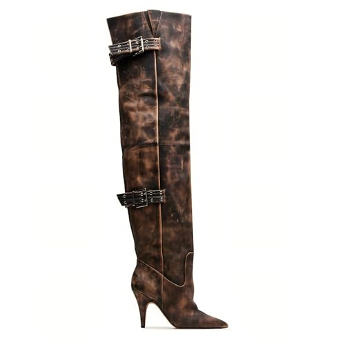 Over the Knee Boots Wide Calf Boots for Women Pointed Toe Western Cowgirl Thigh High Boots Pull on Stiletto Heels Conerts Party Shoes
