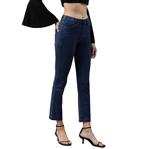 Image of Blue wash 5-Pocket high-Rise Cropped Bootcut Jeans, Clean Look, no Fade, has a Slip-On Closure, and Waistband with Belt Loops