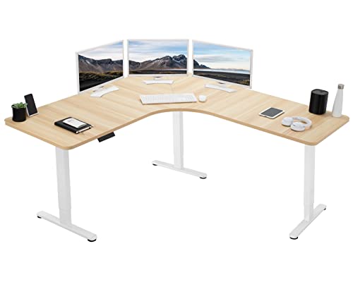 Image of VIVO Electric Height Adjustable 71 x 71 inch Curved Corner Stand Up Desk, Light Wood Table Top, White Frame, Memory Controller, L-Shaped Workstation, E3C Series, DESK-KIT-E3CWC