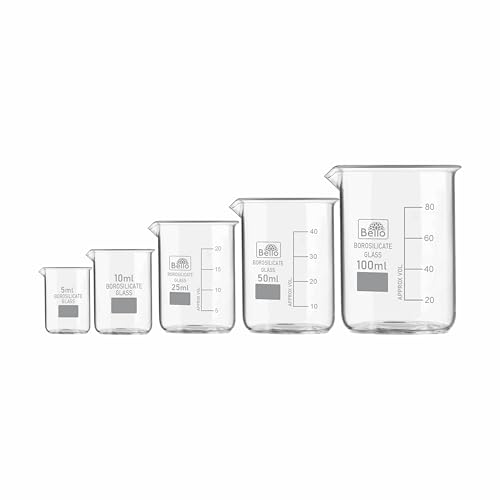 Image of Bello Lab Borosilicate 3.3 Glass Beaker Cup - 5 ml 10 ml 25 ml 50 ml 100 ml with Graduation Marks, Combo of 5 for school collage chemistry lab laboratory