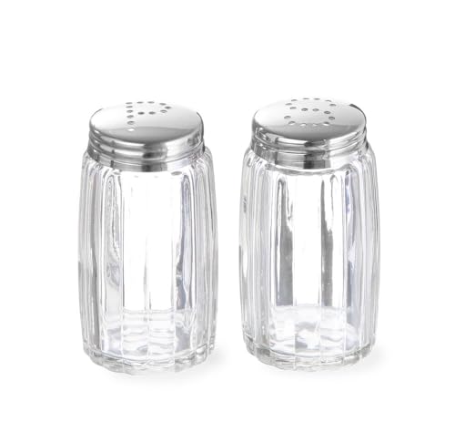 HENDI Juego de salero y pimentero, 2 piezas, utensilio de sal y pimienta de cocina mesa, con tapas de acero inoxidable con orificios dispensadores en forma de S y P, ⌀40x(H)70mm, vidrio, transparente