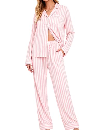 Image of SWOMOG Womens Pajamas Set Long Sleeve Sleepwear Button Down Nightwear Soft Cotton Pj Lounge Sets