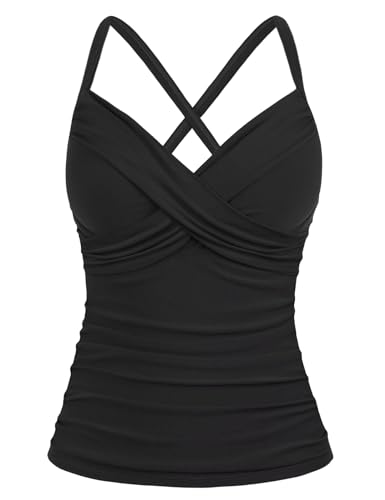 Mycoco Women's Underwire Tankini Top Cross Front V Neck Push Up Swim Top Ruched Tummy Control Bathing Suit Tops