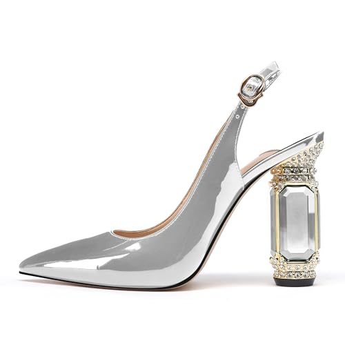 Image of JANSEVEN Women Chunky Heels Pumps Crystal Block Heels with Rhinestones Pointed Toe Sexy Gradient Patent Leather Slip on Bridal Party Wedding Dress Shoes 5-13 M US