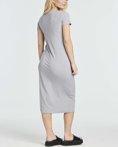 Image of Real Essentials 3 Pack: Women's Ribbed Jersey Crew Neck Short Sleeve Midi Length Dress with Side Slit