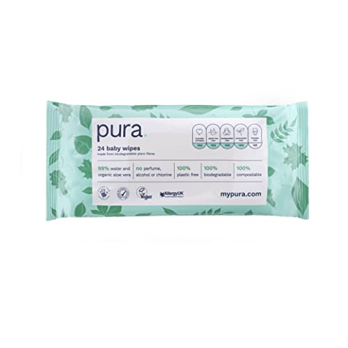 Pura Toallitas para bebé (28 paquetes de 24 toallitas de viaje), 100% sin plástico, biodegradables, 99% de agua, orgánicos, aloe vera, veganos, aptas para pieles sensibles, aprobadas por parteras