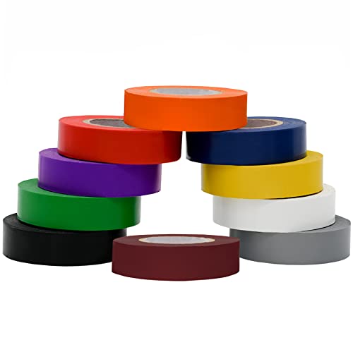 Colored Electrical Tape, 10 Extra-Large Rolls, .75 In X 66 Ft, Bulk Waterproof Electric Tape For Color Coding Wire Insulation, Thin Weatherproof Cable Tape, Indoor & Outdoor Electrical Wire Tape #TOP26