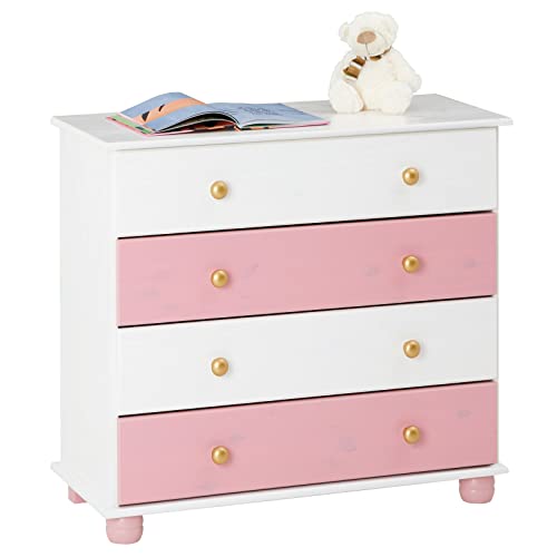 Commode Isabella chiffonnier apothicaire Rangement avec 4 Grands tiroirs en pin Massif lasuré Blanc et Rose