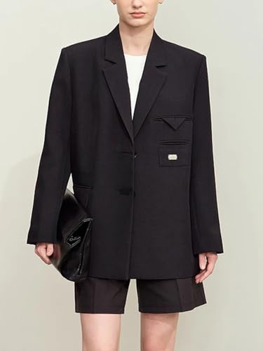 Women Lapel Collar Asymmetrical Wide Shoulder Fashion Loose Fit Blazer Office Lady Long Sleeve Single Breasted Jacket Coat3