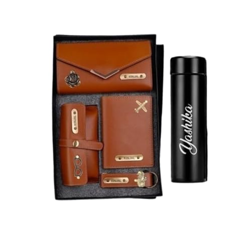 The Custom Hub Customised Women's Gift Set Combo | Clutch, Keychain, Specs Case, Passport Cover & Temperature Bottle | Personalized Tan Gift Set for Women