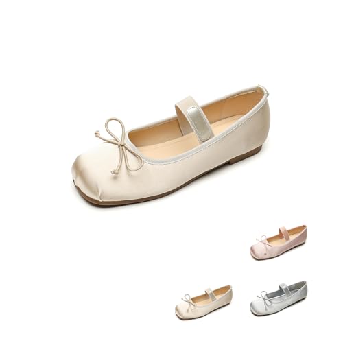 Women's Mary Jane Satin Ballet Flats Cute Bowknot Round Toe Slip-On Flats Non-Slip Sole, Elastic Strap, Comfort Dancing Shoes