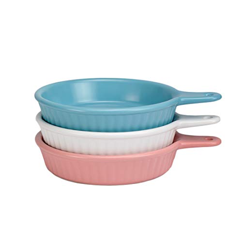 BonNoces 6.8-in Matte Porcelain Pie Pan, Unique Pie Dish Plate with Handle, Individual Round Baking Dish for Baking Fruit Pies, Pot Pies, Crisps, Quiches, Set of 3 (White/Pink/Blue)