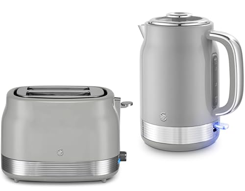 Swan Retro Revive Grey 1.7L 3KW Jug Kettle & 2 Slice Toaster. Matching Retro Design Kettle & Toaster Set in Grey with Chrome Accents